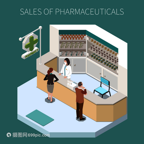 药品生产成与药品销售标题药房角落矢量插图